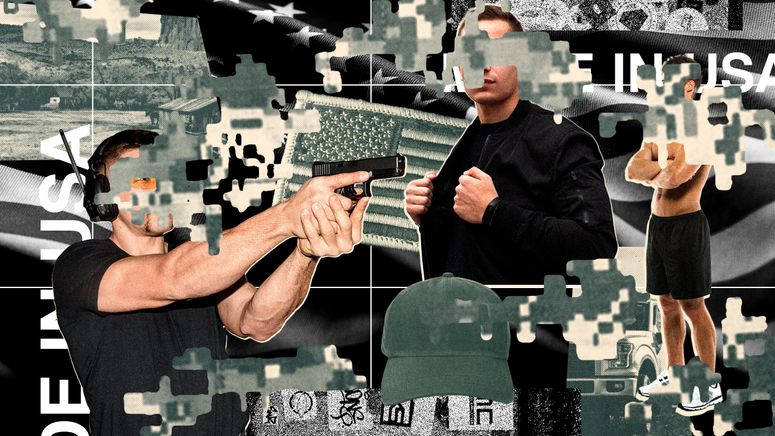 Collage de hombres blancos vestidos de negro, banderas estadounidenses, estampado de camuflaje militar y la frase "Hecho en EE UU"