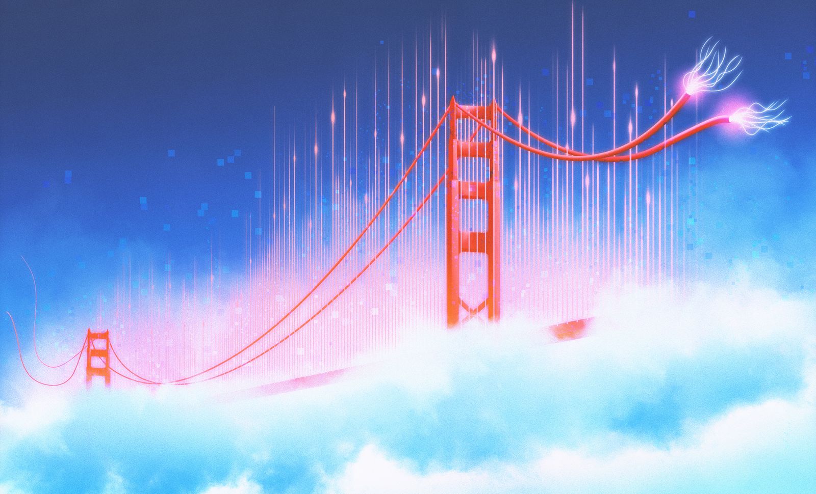 Puente con terminación de cables flotando en las nubes.