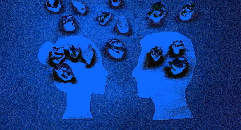 Ilustración gráfica de dos siluetas de cabezas con bolas de papel enrolladas.