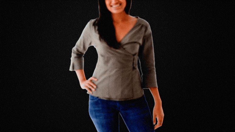 Animation of a glitchy removal of a woman's clothes to reveal skin tone