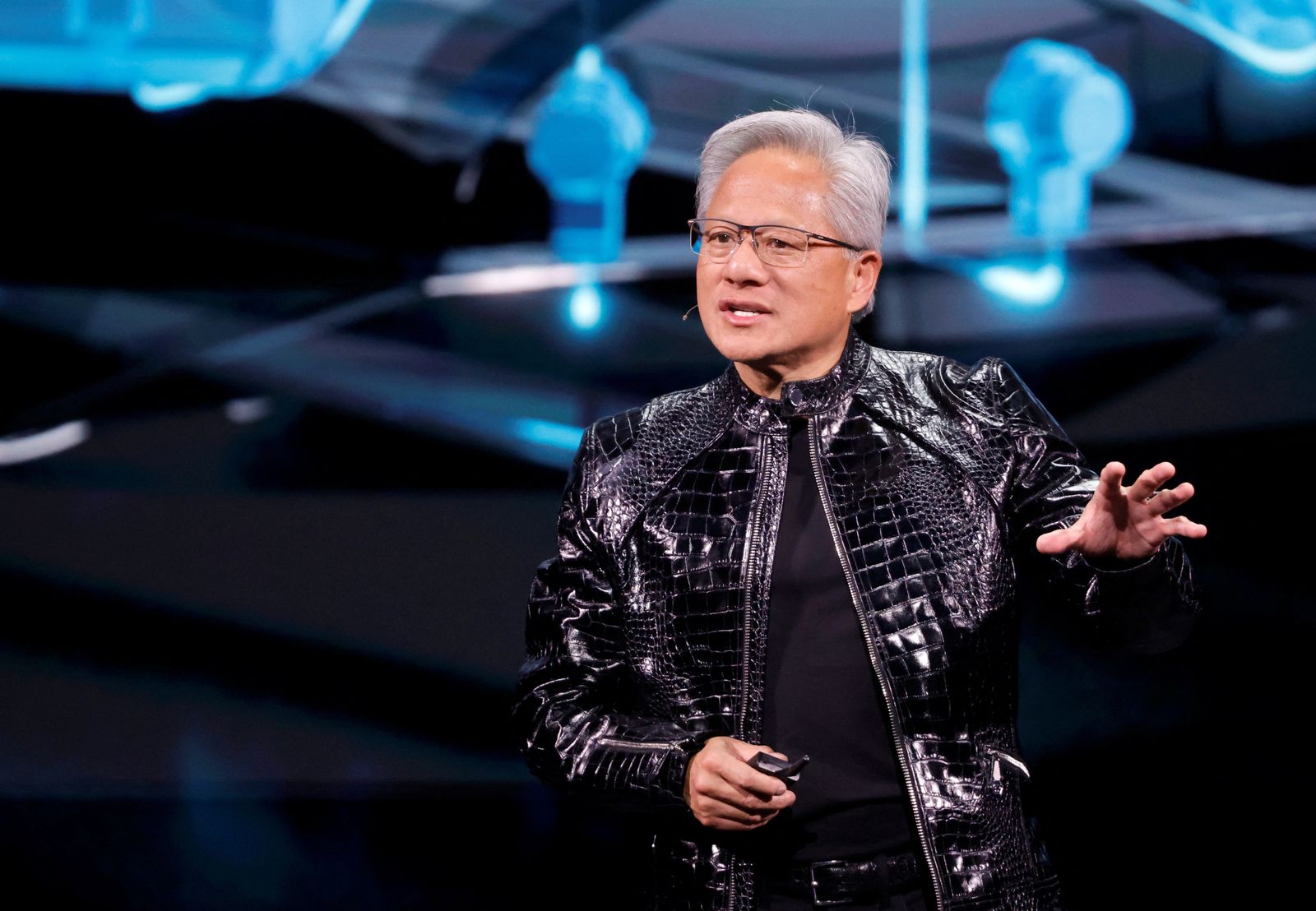 Nvidia CEO Jensen Huang speaks during a Nvidia keynote address at CES 2026