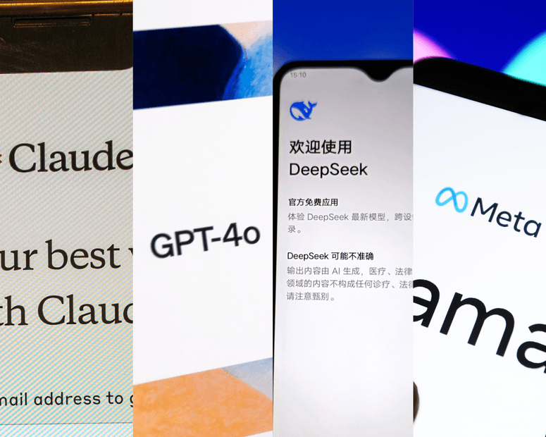 Los modelos de inteligencia artificial que participaron en la prueba: de izquierda a derecha, Claude, GPT-4o, DeepSeek y Llama de Meta.