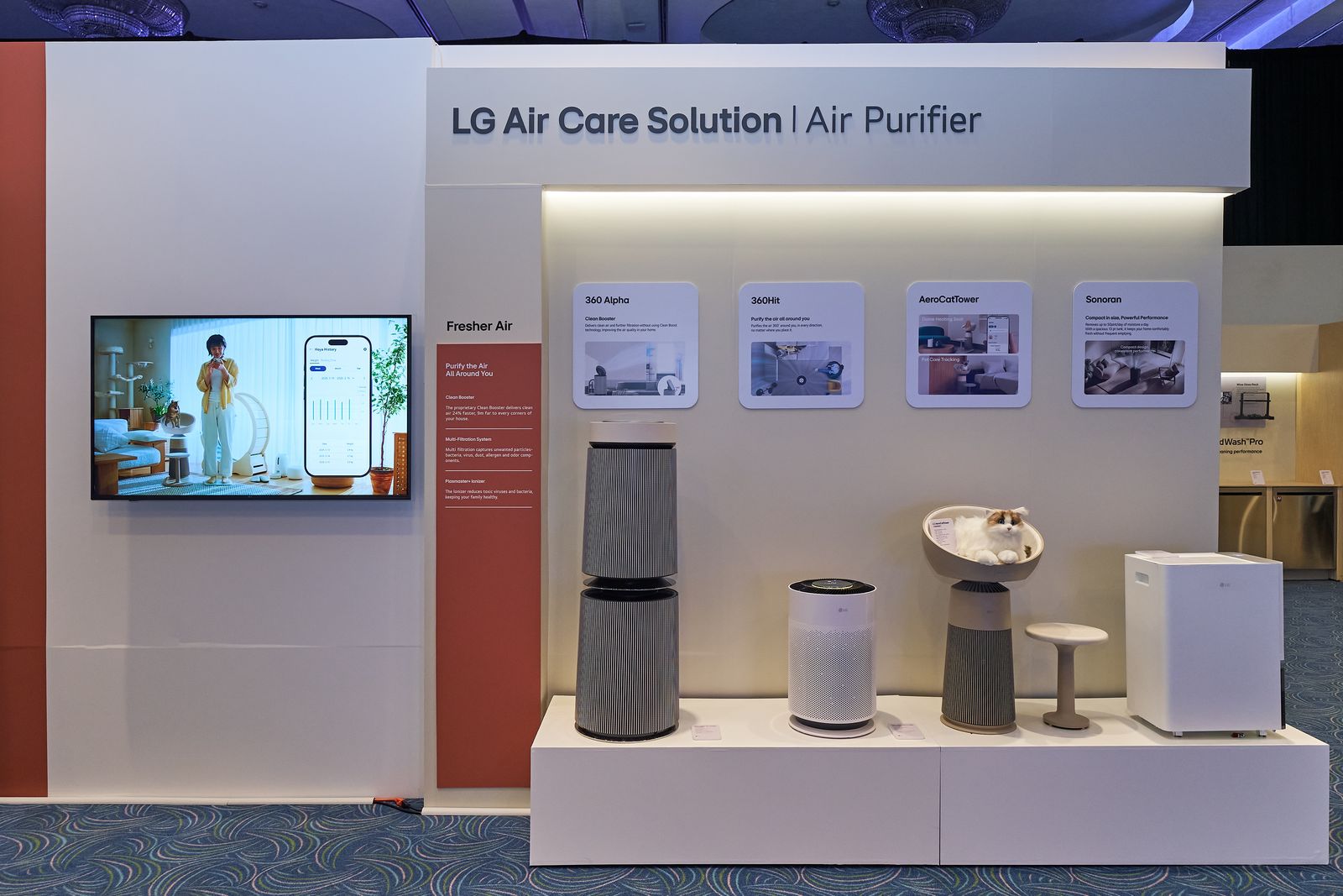 Algunas de las opciones de purificadores de aire de LG. Destaca el novedoso purificador con camara para gatos.