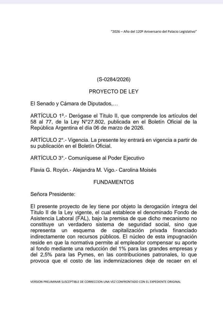 Tras la suspensión judicial, una senadora que apoyó la Reforma Laboral en general presentó un proyecto para derogar el FAL