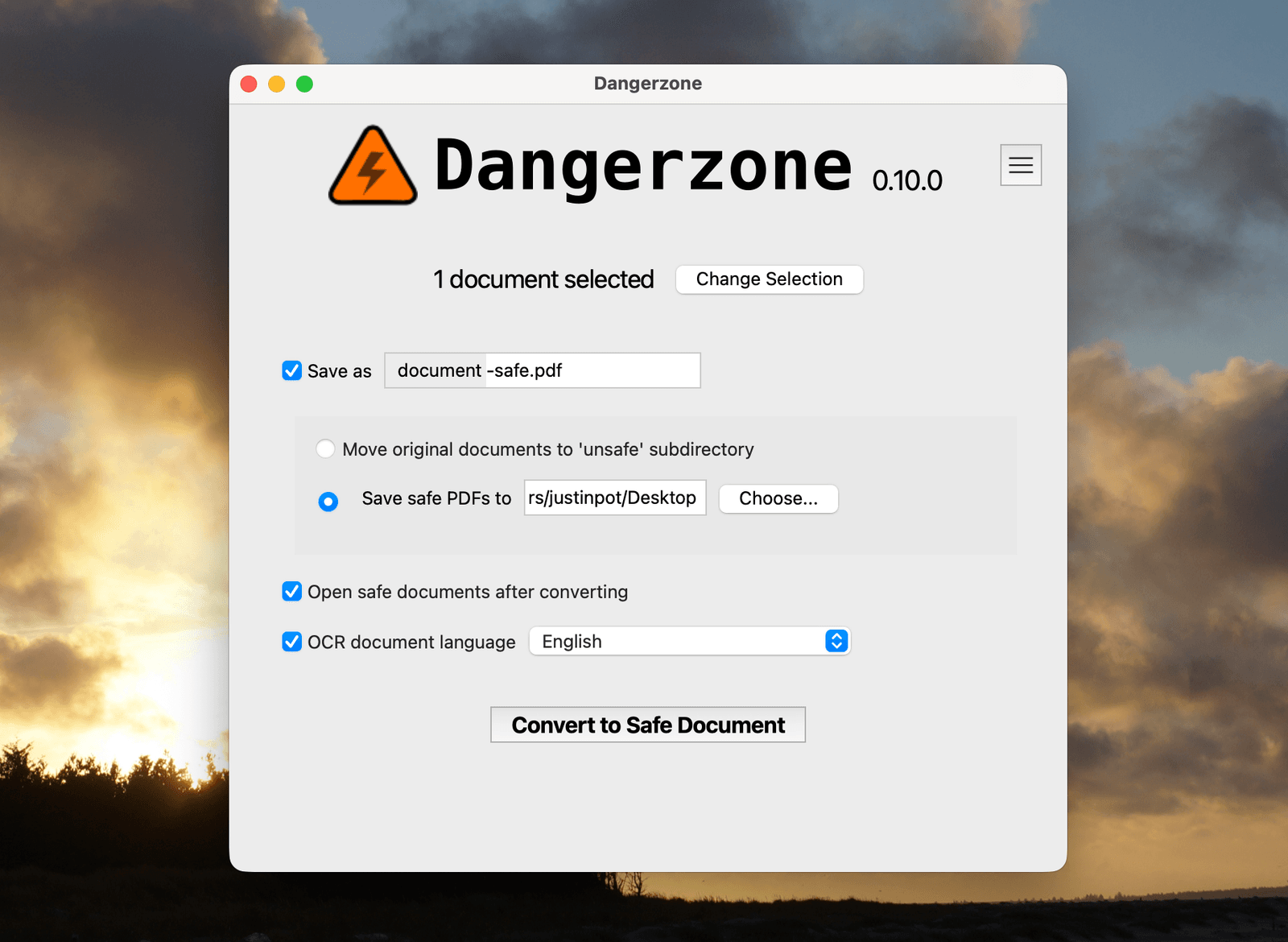 Captura de pantalla de Dangerzone.