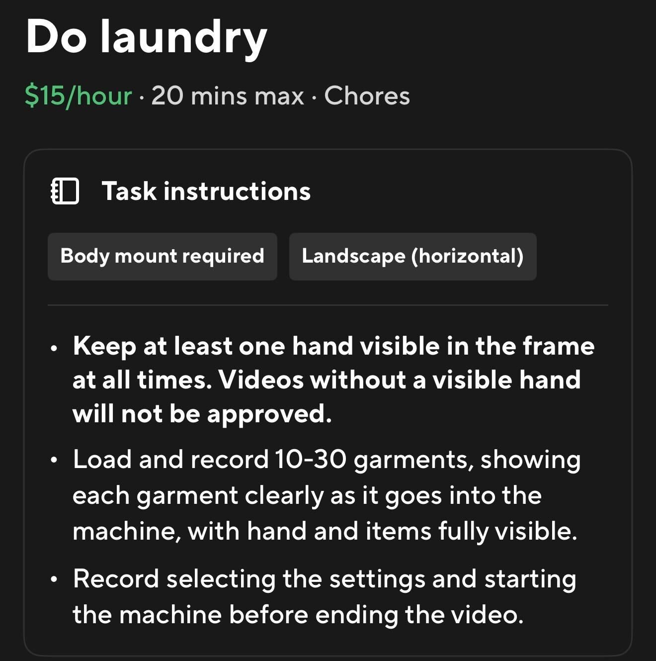 Captura de pantalla de Tasks. Ofreciendo 15 dólares por lavar ropa.