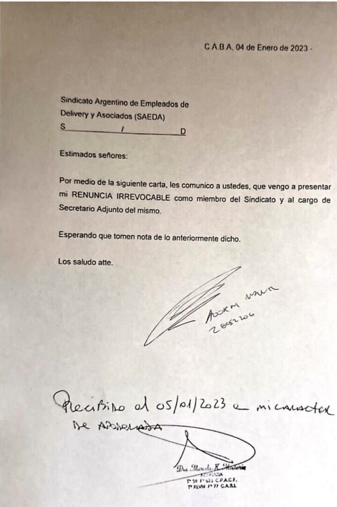 Apareció la renuncia de Adorni que confirmó la primicia de InfoGremiales: quiso ser sindicalista en 2020 y pidió la baja en 2023