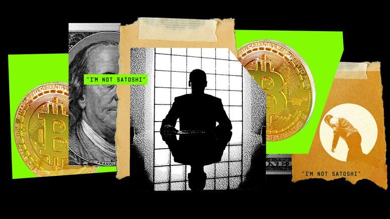 Collage fotográfico que muestra renders de bitcoins, un hombre en la sombra, una persona que mira hacia otro lado, un texto que dice: "No soy Satoshi".