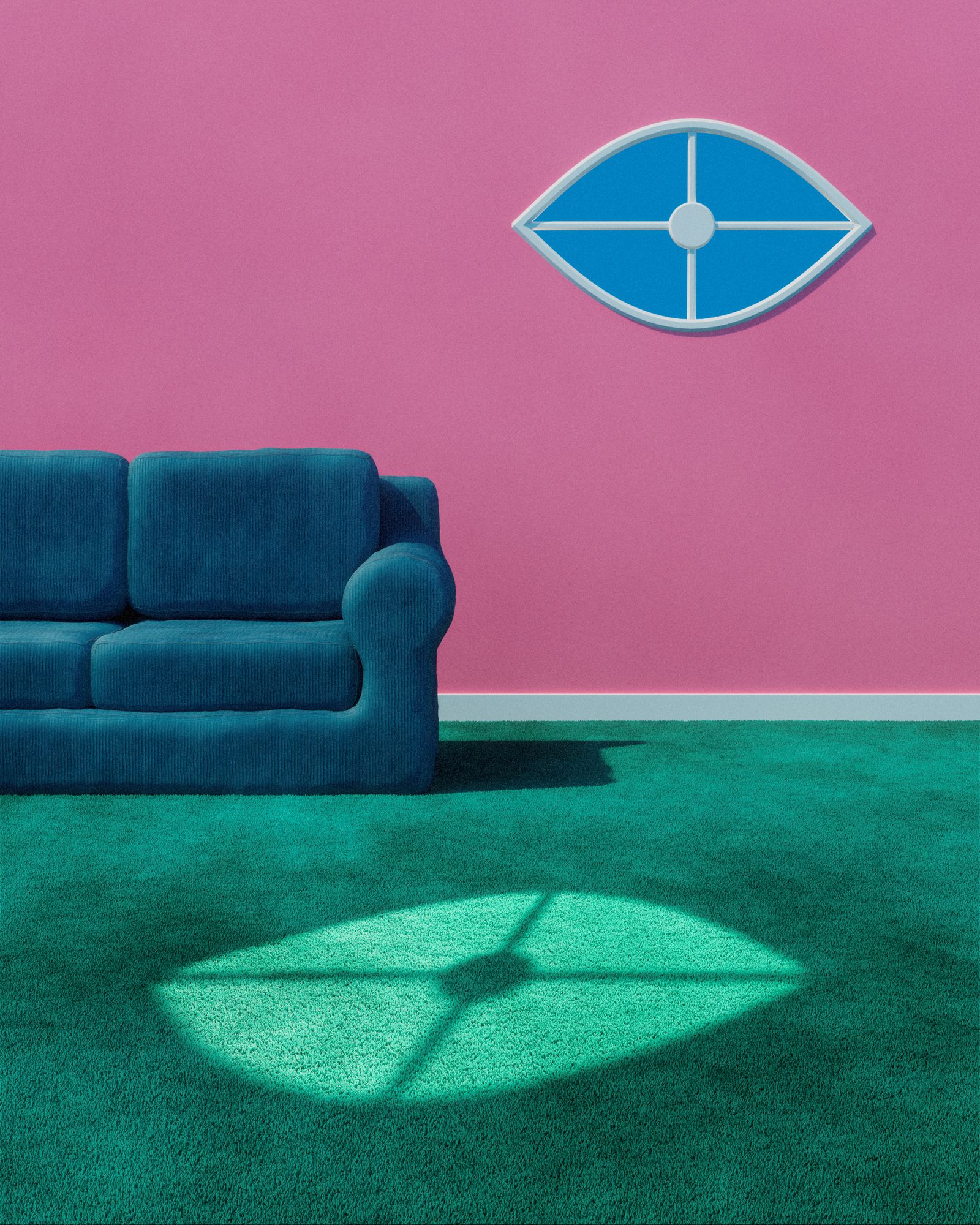 Ilustración en 3D de un salón con una ventana con forma de ojo