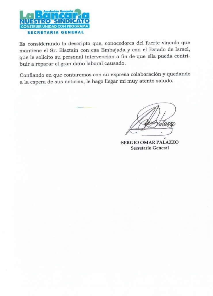 Palazzo le pidió a la embajada de Israel que interceda para que Elsztain detenga el ajuste en el Banco Hipotecario: "Ha privilegiado un fuerte afán de lucro"
