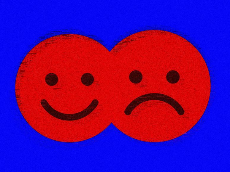 Ilustración de dos caras rojas una feliz y otra triste