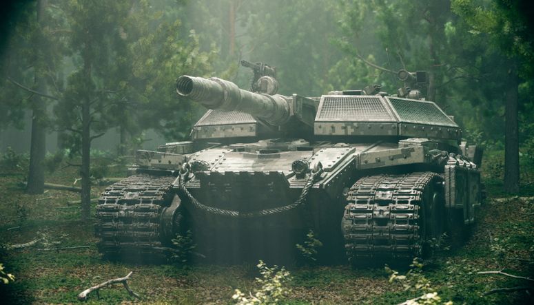 Un tanque camuflado acecha en un bosque brumoso, representando el poderío militar y la tensión de la guerra.