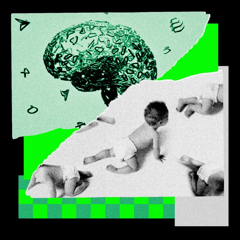 Collage de un cerebro y bebés gateando.