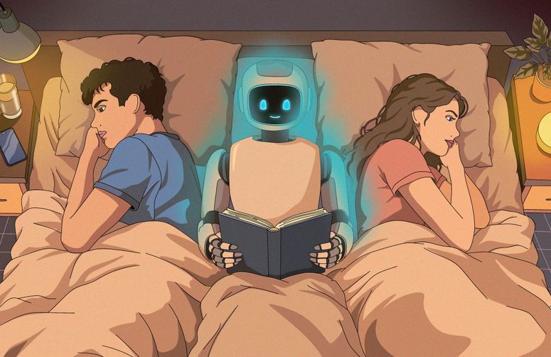 Imagen de dos personas durmiendo en una cama, y en medio un robot leyendo.