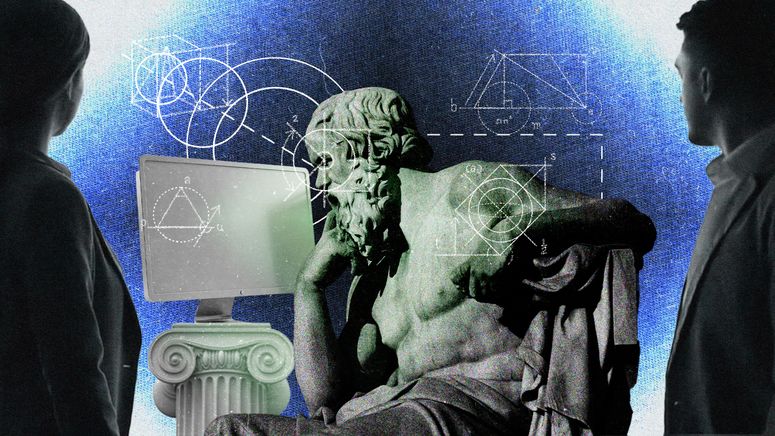 La imagen muestra a personas observando la estatua de un pensador