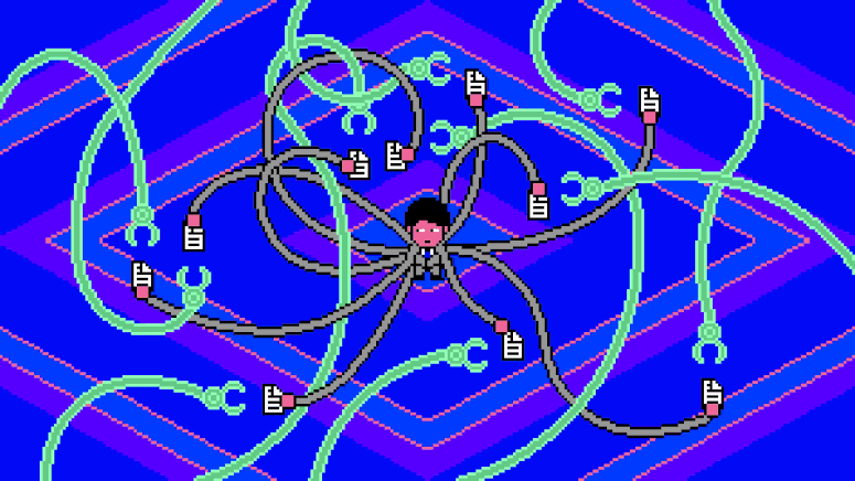 Animación de un personaje de 8 bits intentando entregar muchas aplicaciones a un grupo de brazos robóticos.