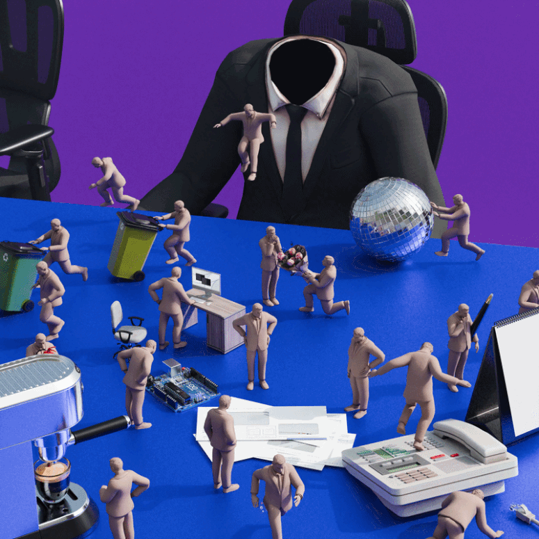 Pequeñas figuritas de arcilla salen de una figura sin cabeza vestida con traje, sentada en un escritorio. Realizan diversas tareas, como arrastrar un carrito de la compra, trabajar en un ordenador, preparar café, hacer rodar una bola de discoteca, etc.
