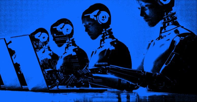 Ilustración de humanoides tecleando en una computadora; agentes de IA