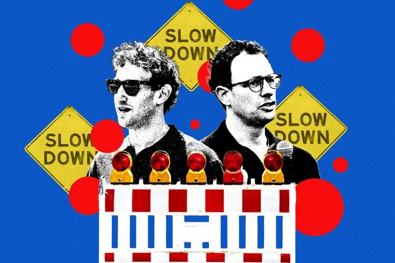 Ilustración fotográfica de Mark Zuckerberg y Dario Amodei rodeados de carteles en los que se lee "reduce la velocidad", yuxtapuesta detrás de un corte de carretera.