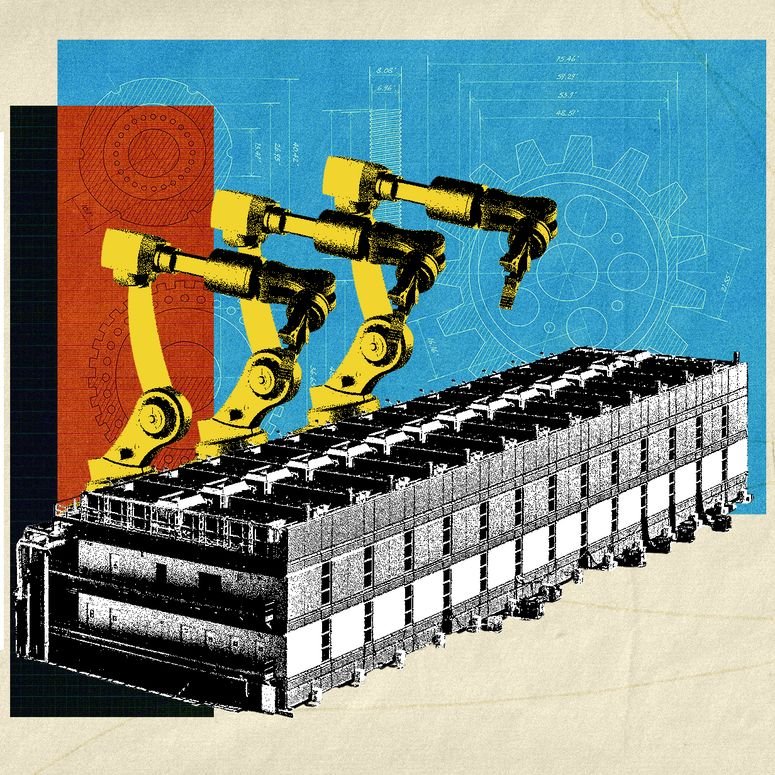 Una ilustración de brazos robóticos situados sobre un centro de datos, con esquemas al fondo.