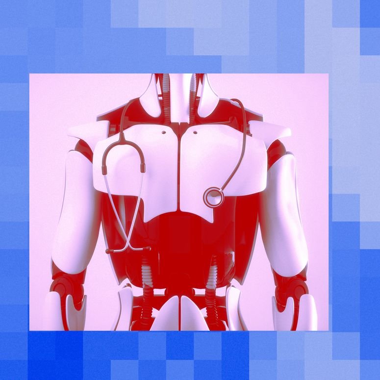 Torso de un robot con un estetoscopio en el cuello.